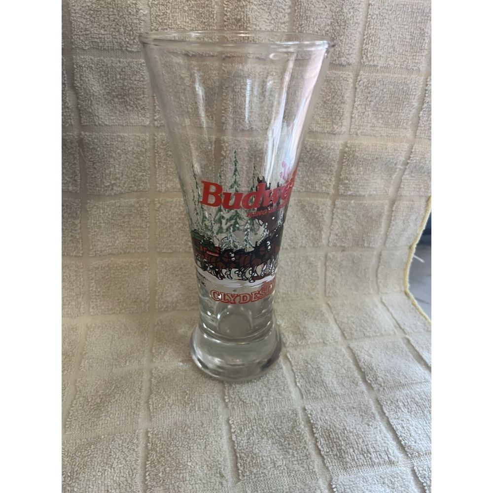 Vintage 1989 BUDWEISER Tall Pilsner‎ Beer Glass CLYDESDALE Horses Winter Holiday